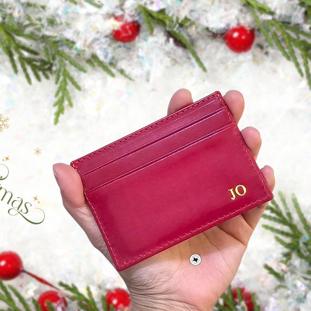 Personalized Red Patina Leather Card Holder | Free Christmas Gift Wrapping